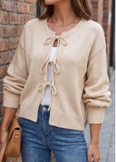 Beige tops,Plain Color tops,Bowknot Beige Round Neck Long Sleeve Sweater