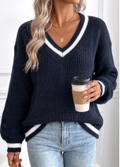 Navy tops,Plain Color tops,Tummy Coverage Navy V Neck Long Sleeve Sweater