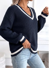 Navy tops,Plain Color tops,Tummy Coverage Navy V Neck Long Sleeve Sweater