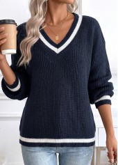 Navy tops,Plain Color tops,Tummy Coverage Navy V Neck Long Sleeve Sweater