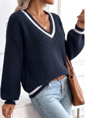 Navy tops,Plain Color tops,Tummy Coverage Navy V Neck Long Sleeve Sweater