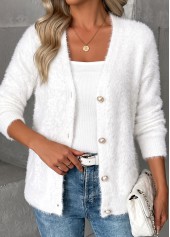 White tops,Plain Color tops,Tummy Coverage White V Neck Long Sleeve Sweater