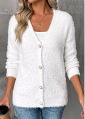 White tops,Plain Color tops,Tummy Coverage White V Neck Long Sleeve Sweater