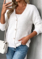 White tops,Plain Color tops,Tummy Coverage White V Neck Long Sleeve Sweater
