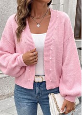Pink tops,Plain Color tops,Tummy Coverage Pink 3/4 Sleeve Sweater