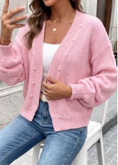 Pink tops,Plain Color tops,Tummy Coverage Pink 3/4 Sleeve Sweater