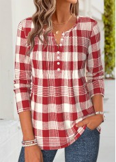 Red tops,Plaid tops,Geometric tops,ROTITA Tuck Stitch Plaid Red Split Neck T Shirt