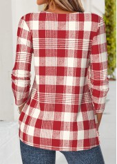 Red tops,Plaid tops,Geometric tops,ROTITA Tuck Stitch Plaid Red Split Neck T Shirt