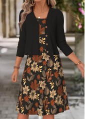 Multi Color dresses,Floral dresses,Plants dresses,Everyday dresses,Casual dresses,ROTITA Multi Color Floral Print Two-piece Dress and Cardigan