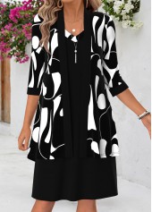 ROTITA Black Geometric Print Tummy Coverage Dress and Cardigan