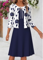 ROTITA Navy Floral Print Two-piece Round Neck Dress and Cardigan
