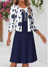 Navy dresses,Floral dresses,Plants dresses,Everyday dresses,Casual dresses,ROTITA Navy Floral Print Two-piece Round Neck Dress and Cardigan