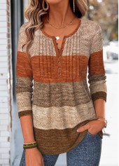 ROTITA Tuck Stitch Striped Multi Color Split Neck T Shirt