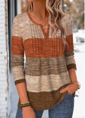 Multi Color tops,Striped tops,Geometric tops,ROTITA Tuck Stitch Striped Multi Color Split Neck T Shirt