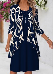ROTITA Navy Geometric Print Tummy Coverage Dress and Cardigan