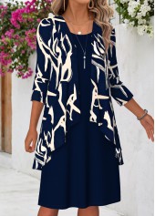 Navy dresses,Geometric dresses,Everyday dresses,Casual dresses,ROTITA Navy Geometric Print Tummy Coverage Dress and Cardigan