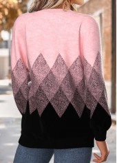Pink tops,Geometric tops,ROTITA Tummy Coverage Geometric Print Pink Round Neck Sweatshirt