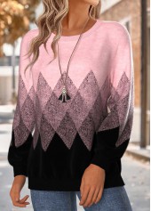 Pink tops,Geometric tops,ROTITA Tummy Coverage Geometric Print Pink Round Neck Sweatshirt