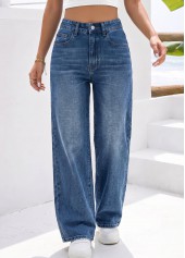 Denim Blue bottoms,Plain Color bottoms,ROTITA Denim Blue Wide Leg Button Fly High Waisted Jeans