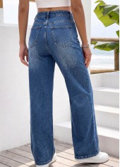 Denim Blue bottoms,Plain Color bottoms,ROTITA Denim Blue Wide Leg Button Fly High Waisted Jeans