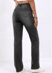 Denim Blue bottoms,Plain Color bottoms,ROTITA Denim Blue Straight Leg Button Fly High Waisted Jeans