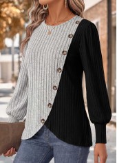 Grey tops,Contrast Color tops,ROTITA Patchwork Grey Round Neck Long Sleeve T Shirt