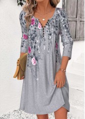 ROTITA Dark Grey Marl Floral Print Tuck Stitch Short Dress
