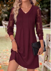 ROTITA Deep Red Patchwork V Neck Long Sleeve Dress