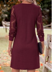Deep Red dresses,Plain Color dresses,Everyday dresses,Casual dresses,ROTITA Deep Red Patchwork V Neck Long Sleeve Dress