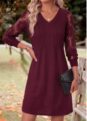 Deep Red dresses,Plain Color dresses,Everyday dresses,Casual dresses,ROTITA Deep Red Patchwork V Neck Long Sleeve Dress