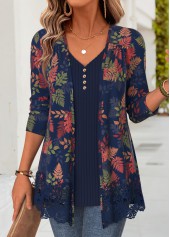 ROTITA Leaf Print Navy V Neck Fake Two Piece Twinset
