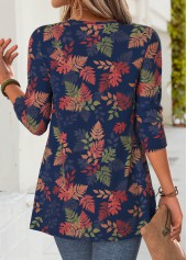 Navy tops,Plants tops,ROTITA Leaf Print Navy V Neck Fake Two Piece Twinset
