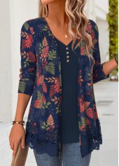Navy tops,Plants tops,ROTITA Leaf Print Navy V Neck Fake Two Piece Twinset