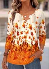 ROTITA Tuck Stitch Leaf Print Orange Split Neck T Shirt