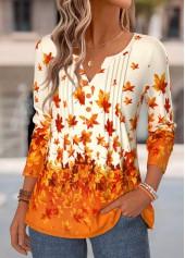 Orange tops,Plants tops,ROTITA Tuck Stitch Leaf Print Orange Split Neck T Shirt