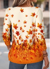 Orange tops,Plants tops,ROTITA Tuck Stitch Leaf Print Orange Split Neck T Shirt