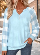 ROTITA Button Plaid Light Blue Split Neck Long Sleeve Sweatshirt