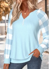 Light Blue tops,Plaid tops,Geometric tops,ROTITA Button Plaid Light Blue Split Neck Long Sleeve Sweatshirt