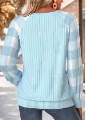 Light Blue tops,Plaid tops,Geometric tops,ROTITA Button Plaid Light Blue Split Neck Long Sleeve Sweatshirt