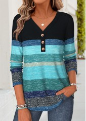 ROTITA Patchwork Striped Blue V Neck Long Sleeve T Shirt
