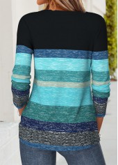 Blue tops,Striped tops,Geometric tops,ROTITA Patchwork Striped Blue V Neck Long Sleeve T Shirt