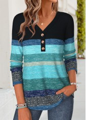 Blue tops,Striped tops,Geometric tops,ROTITA Patchwork Striped Blue V Neck Long Sleeve T Shirt