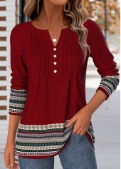 ROTITA Tuck Stitch Tribal Print Deep Red T Shirt