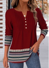 Deep Red tops,Tribal tops,ROTITA Tuck Stitch Tribal Print Deep Red T Shirt