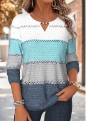 ROTITA Shirred Striped Blue 3/4 Sleeve Blouse