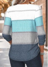 Blue tops,Striped tops,Geometric tops,ROTITA Shirred Striped Blue 3/4 Sleeve Blouse