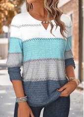 Blue tops,Striped tops,Geometric tops,ROTITA Shirred Striped Blue 3/4 Sleeve Blouse
