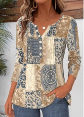 Multi Color tops,Tribal tops,ROTITA Tuck Stitch Tribal Print Multi Color T Shirt