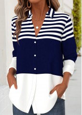 ROTITA Tummy Coverage Striped Dark Blue Long Sleeve Shirt