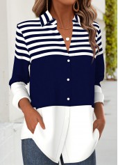 Dark Blue tops,Striped tops,Geometric tops,ROTITA Tummy Coverage Striped Dark Blue Long Sleeve Shirt
